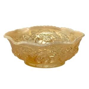 Gold Glass Candy Dish Oval Scallop Edge Iridescent Marigold Bowl